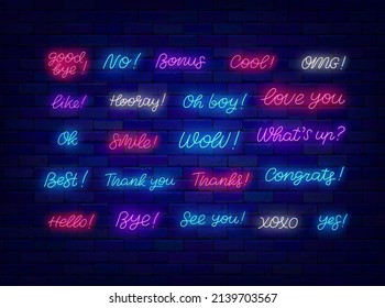 Neon motivational quote collection. Smile and congrats. See you and Love you. Shiny phrases clipart. Light simple text set. Editable stroke. Vector stock illustration