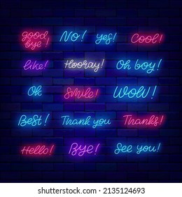 Neon motivational quote collection. Yes and no. Hell, bye and wow. Thank you. Shiny phrases clipart. Light simple text set. Editable stroke. Vector stock illustration