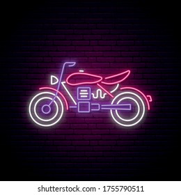 Neon motorcycle sign. Bright neon motorcycle emblem on dark brick background. Vector illustration.