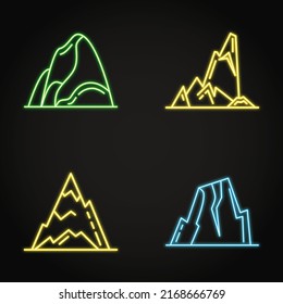 Neon mountain icon set in line style. Vector illustration.