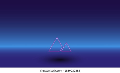 Símbolo de montañas neón sobre fondo azul gradiente. El símbolo aislado está situado en el centro inferior. Azul degradado con horizonte azul claro