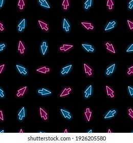 Neon mouse cursor seamless pattern. Pink and blue pointing arrow on black background. Web, internet, direction concept. Night signboard style. Vector 10 EPS illustration.