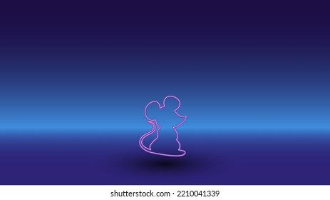 Neon mouse symbol on a gradient blue background. The isolated symbol is located in the bottom center. Gradient blue with light blue skyline