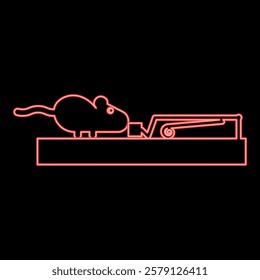 Neon mouse wants to eat piece of cheese from mousetrap silhouette rodent red color vector illustration image flat style