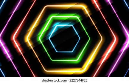 Neon multicolor hexagon on black background. Glowing honeycomb geometric shapes with shining effects. Neon hexagonal frames. Vector illustration