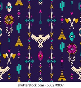 neon multicolor tribal vector seamless pattern with eagle, cactus, wigwam, tomahawk, arrows. aztec abstract geometric art print. ethnic vector background.