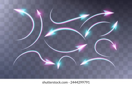 Neon multi-colored arrows, pointers with a glow on the tip. Different shapes and directions from bottom to top, reversal, curved and straight. 3d realistic VFX effects.