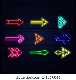 Neon multi-colored arrows, pointers with a glow on the tip. Different shapes and directions from bottom to top, reversal, curved and straight. 3d realistic VFX effects.