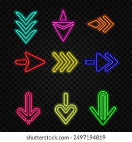 Neon multi-colored arrows, pointers with a glow on the tip. Different shapes and directions from bottom to top, reversal, curved and straight. 3d realistic VFX effects.17