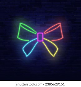 Neon multi-colored bow on a brick wall background. Vector illustration.