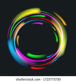 Neon multicolored circle frame with golden, green, purple, yellow and blue glow on black background. Vector glitter design element for holiday cards, advertising concept, web