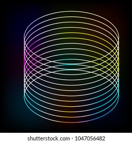 Neon multi-colored circles in the form of a cylinder on a dark background.