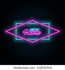 Neon multi-colored frame in retro style against a dark background. The shining poster.Billboard with the place for the text. A vector template of burning in ancient style.