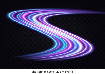 Giro multicolor azul, violeta y neón. El efecto de moverse a la velocidad de la luz. Un camino fácil. Sendero ondulado brillante. Vector.