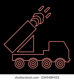 Sistema de cohetes reactivo de volea de lanzamiento múltiple de neón disparan misiles de color rojo ilustración vectorial estilo plano