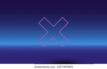 Neon multiplication symbol on a gradient blue background. The isolated symbol is located in the bottom center. Gradient blue with light blue skyline