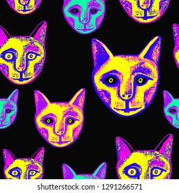 
Neon mummified cat. Vector seamless pattern with an ancient Egyptian mummy of a cat.  Hand-drawn  illustration. 