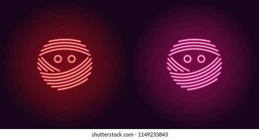 Neon mummy face in red and pink color. Vector illustration icon of bandaged Mummy head with eyes in glowing neon style. Illuminated graphic element for decoration of Halloween holiday