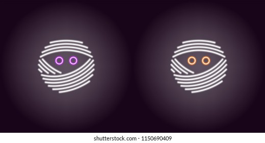 Neon mummy face in white color. Vector illustration icon of bandaged Mummy head with eyes in glowing neon style. Illuminated graphic element for decoration of Halloween holiday