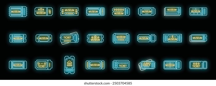 Neon museum ticket icons glowing on a dark background, representing admission and cultural experience