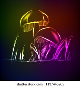 Neon mushrooms. Glowing magic mushrooms on a black background.