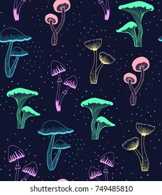 Neon mushrooms handdrawn pattern vector