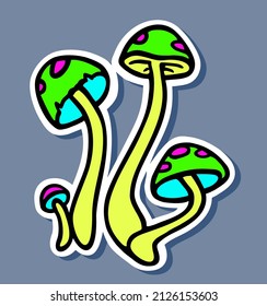 Neon mushrooms sticker. Neon glowing toadstool group. Psychedelic hipster element. Fairytale fungi plant with hallucinogen effect single sticker, clipart.