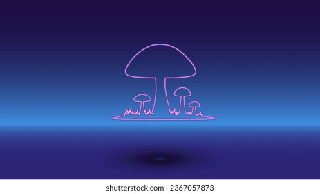 Neon mushrooms symbol on a gradient blue background. The isolated symbol is located in the bottom center. Gradient blue with light blue skyline