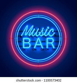 Neon music bar signboard on the red background. Vector illustration