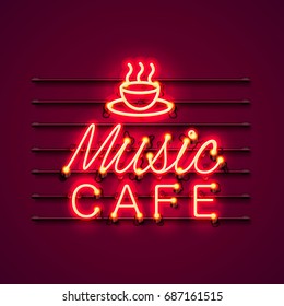 Neon music cafe text icon signboard on the red background. Vector illustration