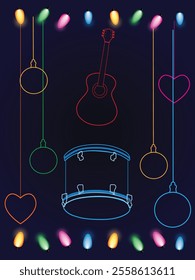 Neon music double bass, sax and trumpet with festive balls and lamps