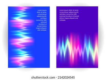 Neon music equalizer, magnetic or sonic wave techno vector cover layouts. Sound audio wave frequency flow. Neon effect rainbow waveform, sonic equalizer visual illuminated dynamic flow. Voice diagram.