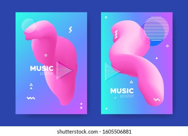 Neon Music Flyers. Electronic Sound Background. Vector Gradient Pattern. Blue Fluid Cover. Graphic Music Banner. Nightclub Party Background. Gradient Design. Purple Fluid Shape. Music Poster.