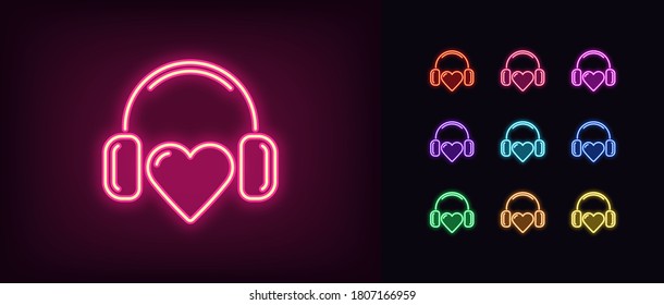 Icono del corazón de la música neón. Signo de corazón de neón brillante con auriculares, melodía de latido en colores vivos. Festival de música, desfile de éxitos musicales, dj podcast. Conjunto de iconos, signo, símbolo para la interfaz de usuario. Ilustración del vector