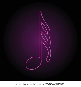 Neon music icon. Single glowing musical note. Musical notes. Music sheet. Line art. Musical symbols. Isolated on black background. Treble Clef. Music note. Music love. Melody, classical, sound design.