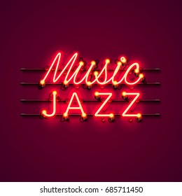 Neon music jazz signboard on the red background. Vector illustration