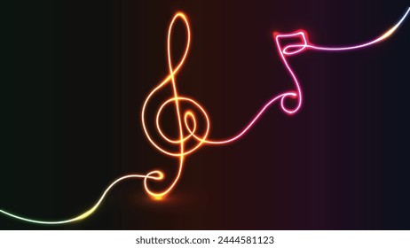 Neon Music. Line art. Music notes. Melody, classical music, sound design. Continuous Line Drawing. Vector Illustration. Night bright neon sign. Light banner. Musical pentagram sound waves notes. 


