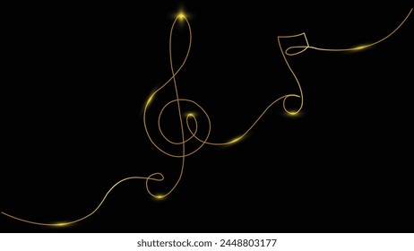 Neon Music. Line art. Music notes. Melody, classical music, sound design. Continuous Line Drawing. Vector Illustration. Night bright. Gold line. Light banner. Musical pentagram sound waves notes. 
