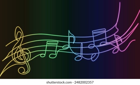 Neon Music. Line art. Music notes. treble clef. Melody, classical music, sound design. Continuous Line Drawing. Musical symbols. Musical pentagram sound waves notes. Vector Illustration. Light banner.