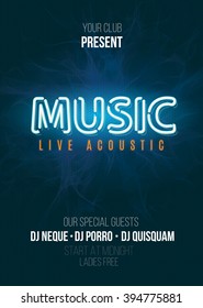 Neon Music Live Acoustic Party Poster Background Template. Vector Illustration.