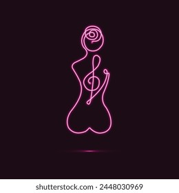 Neon. Music Lover. Women line art. Picture. The figure of a beautiful women personifying music. She has note in her body. Vector illustration. Minimal Art. One Line Art. Line art drawing. Glowing.
