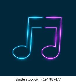 Neon music note, blue and purple musical sign, vector illustration.