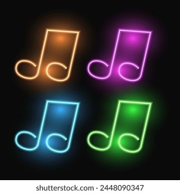 Neon music note, colorful isolated set, vector illustration.