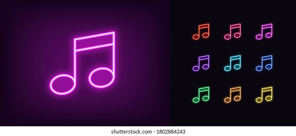 Neon Music Note Icon. Glowing Neon Note Sign, Melody In Vivid Colors. Music Festival, Radio Show, Musical Evening, Karaoke, Audio Record. Icon Set, Sign, Symbol For UI. Vector Illustration