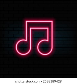 Neon music note icon. Glowing neon note sign, melody in vivid colors. Music festival, radio show, musical evening, karaoke, audio record. Icon set, sign, symbol for UI. Vector illustration.e