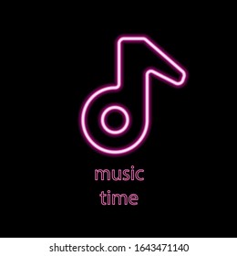 Neon music note on the dark background, music time vector Eps 10 illustration.