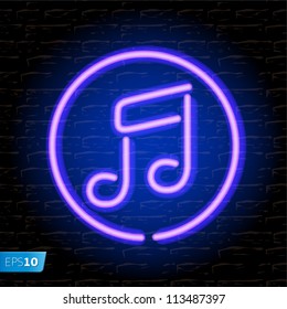 Neon Music Note Sign On The Brick Wall, Vector Illustration.