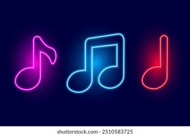 Neon music notes set, vector illustration.