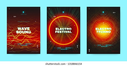 Neon Music Posters, Electronic Sound Concept. Wave Distorted Dotted Lines, Light Round. Techno Music Festival Posters, Night Club Promotion. Futuristic Technology Banners, Vector Dj Party Posters Set.