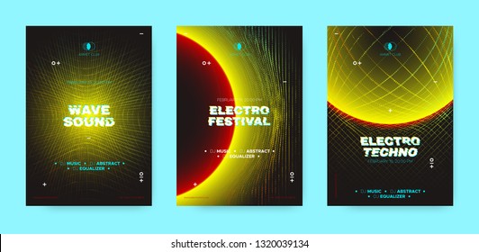 Neon Music Posters, Electronic Sound Concept. Wave Distorted Dotted Lines, Light Round. Techno Music Festival Posters, Night Club Promotion. Futuristic Technology Banners, Vector Dj Party Posters Set.